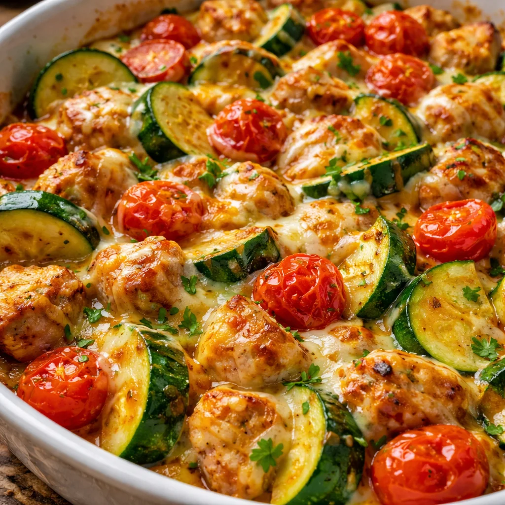 Delicious Chicken Zucchini Bake with juicy chicken and fresh zucchini