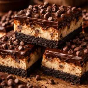 Delicious chocolate cheesecake bars topped with chocolate drizzle.