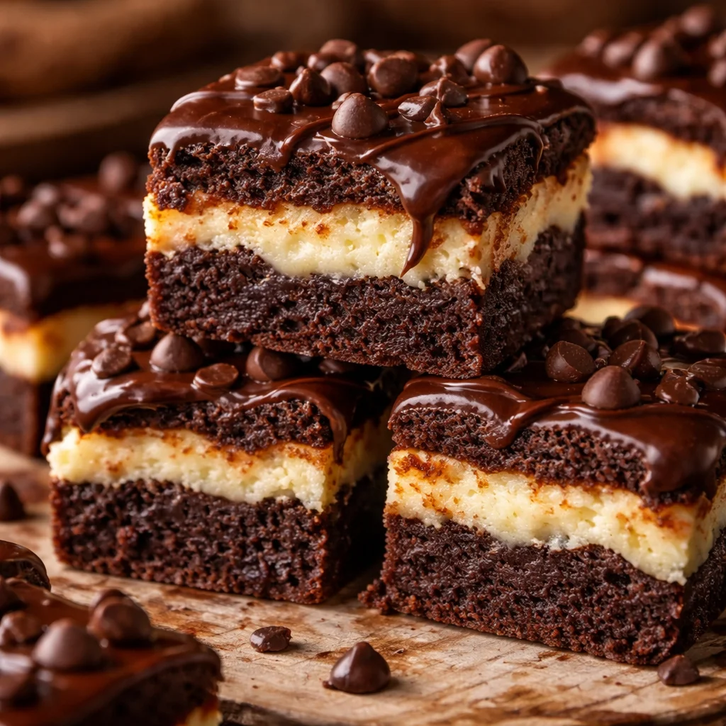 Chocolate cheesecake brownie bites on a plate, garnished with chocolate drizzle.