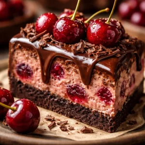 Delicious Chocolate Cherry Cheesecake topped with fresh cherries and chocolate drizzle.