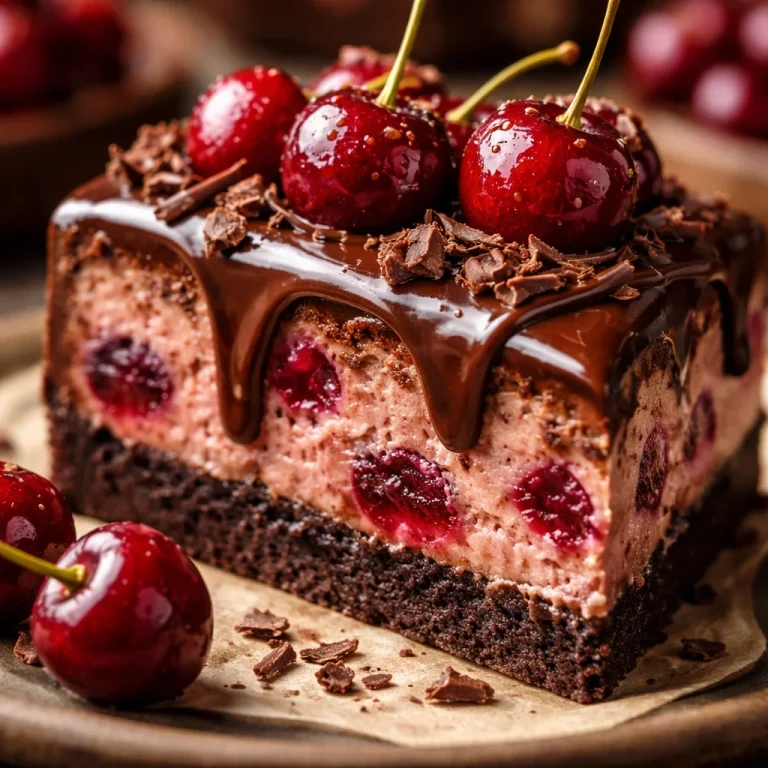 Delicious Chocolate Cherry Cheesecake topped with fresh cherries and chocolate drizzle.