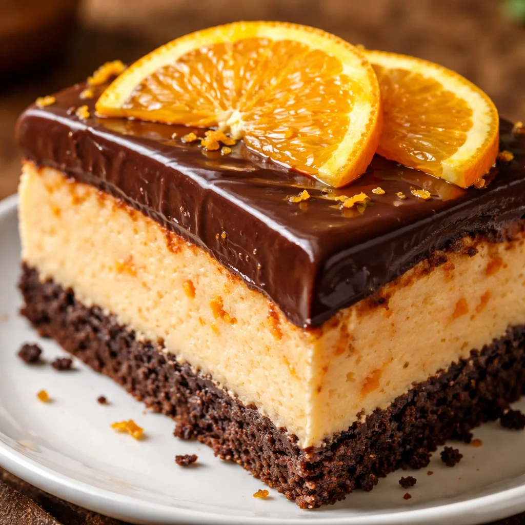 Decadent Chocolate Orange Cheesecake topped with orange slices