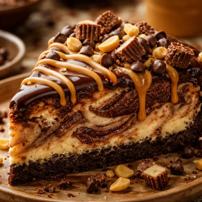 Chocolate peanut butter swirl cheesecake dessert on a plate.