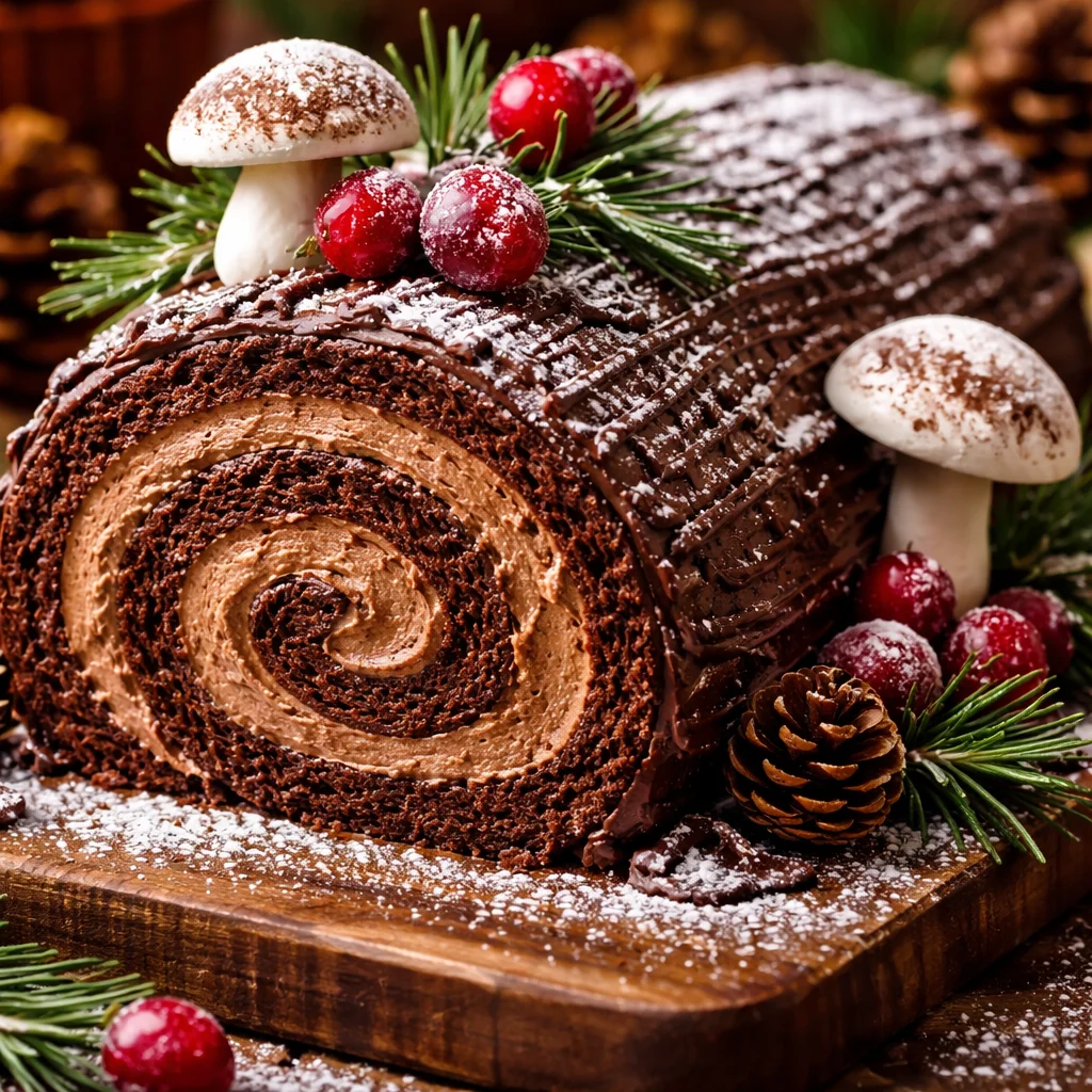 Delicious Chocolate Yule Log Cake decorated for Christmas