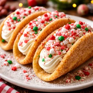 Christmas cheesecake tacos with festive toppings and holiday decorations
