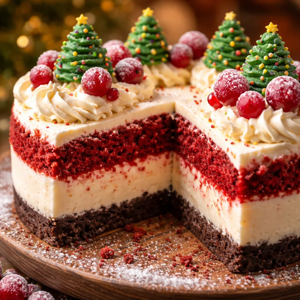 Slice of Christmas Red Velvet Cheesecake topped with creamy frosting and festive decorations