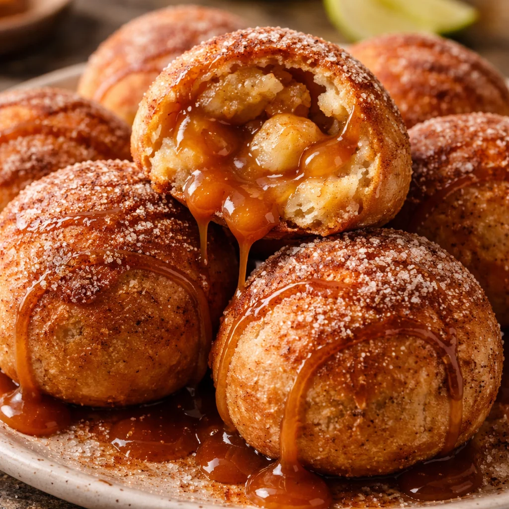 Cinnamon Caramel Apple Pie Bombs on a wooden table with apples and caramel drizzling