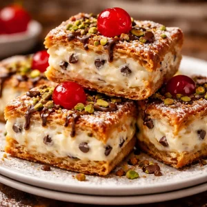 Delicious classic cannoli squares with creamy filling and crispy edges.