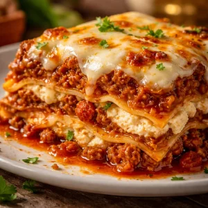 Delicious classic lasagna with layers of cheese and meat