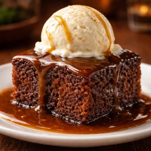 Classic Sticky Toffee Pudding dessert topped with toffee sauce and vanilla ice cream