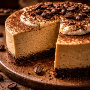 Slice of coffee-infused cheesecake topped with chocolate crumbs