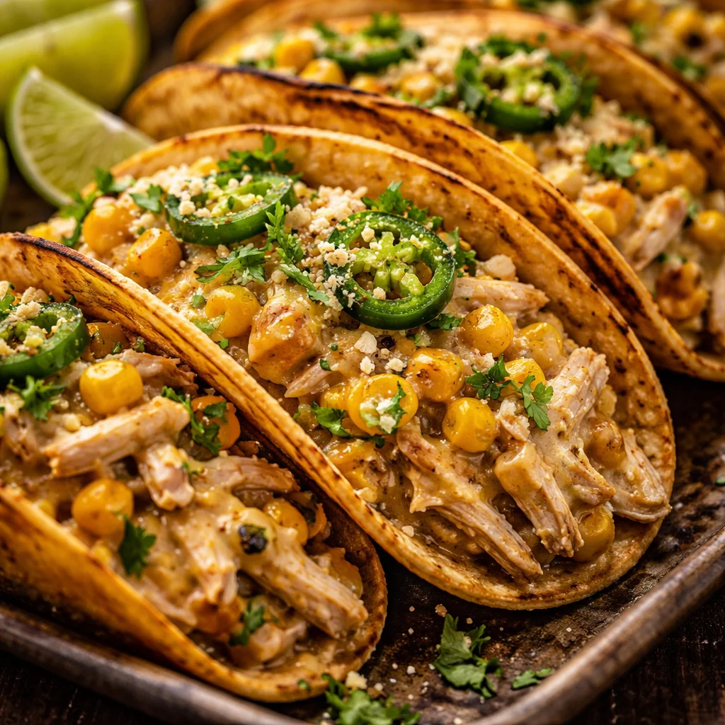 Corn tortilla chicken chili tacos garnished with fresh toppings.