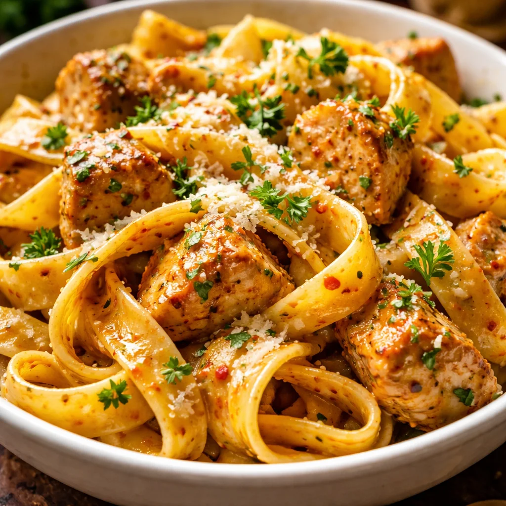 Delicious Cowboy Butter Chicken Pasta served in a bowl with fresh herbs