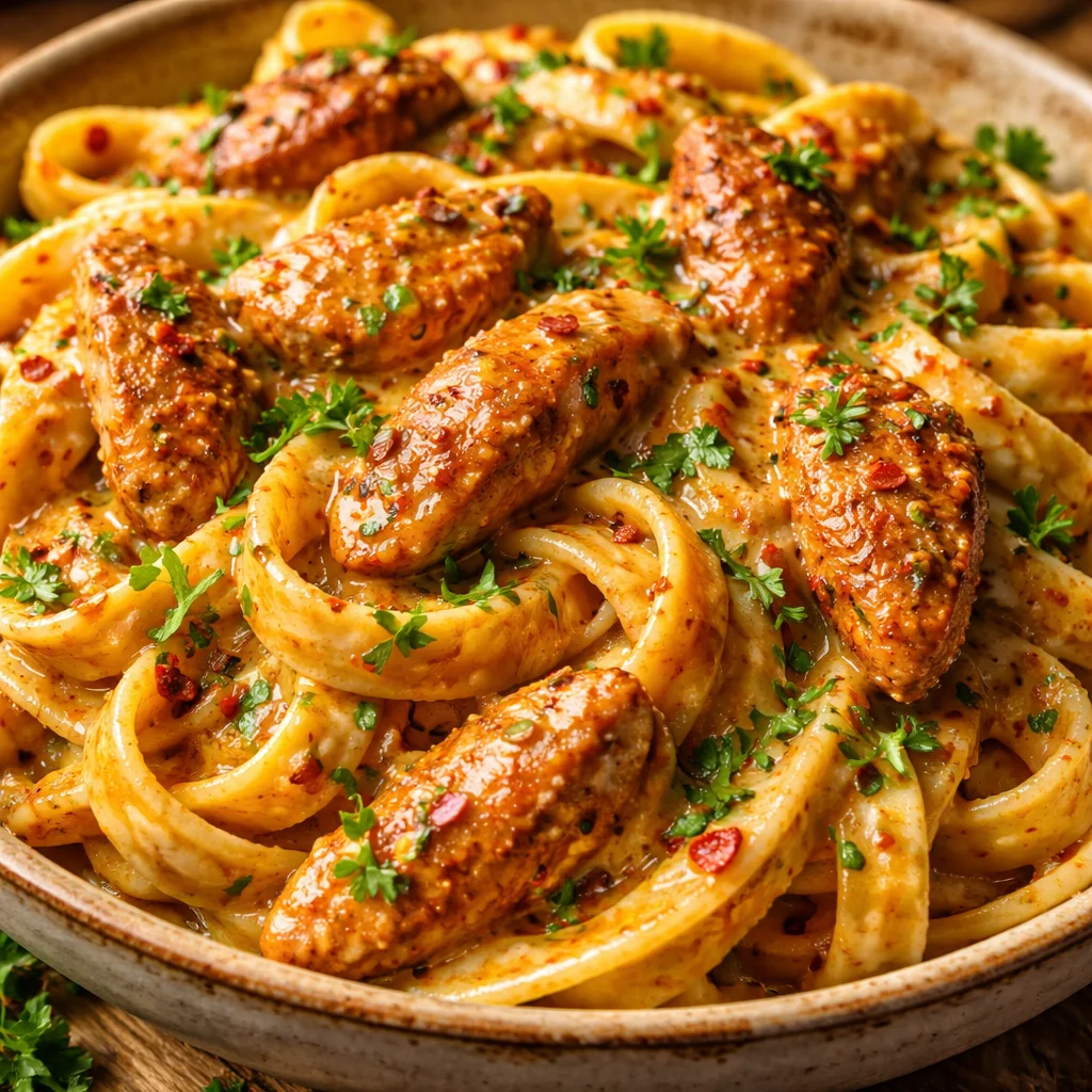 Delicious Cowboy Butter Chicken Pasta served in a bowl with vibrant ingredients.