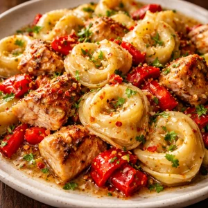 Cowboy Butter Garlic Chicken Tortellini with Fire-Roasted Red Peppers dish