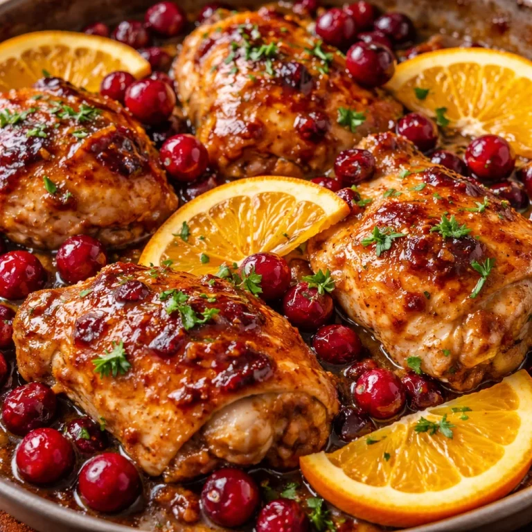 Delicious Cranberry Orange Chicken served on a plate garnished with herbs.