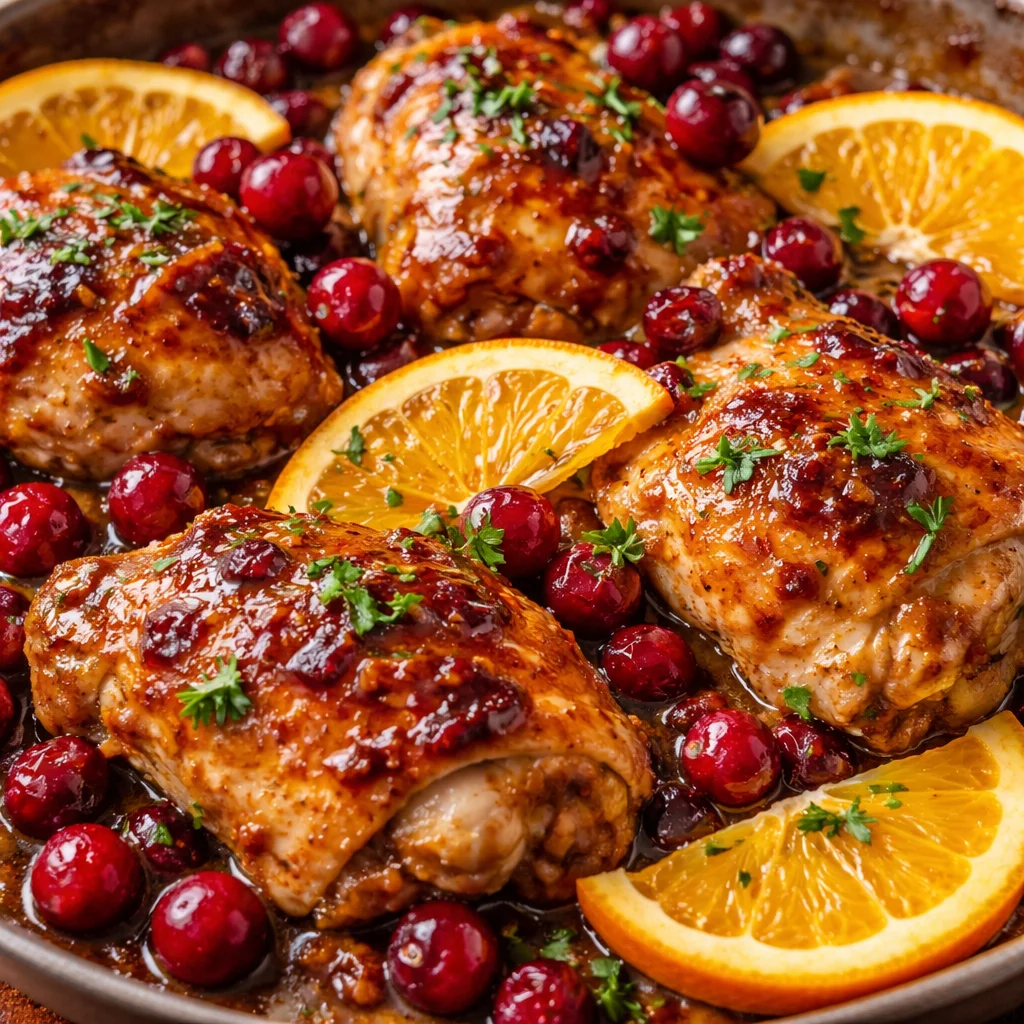 Delicious Cranberry Orange Chicken served on a plate garnished with herbs.