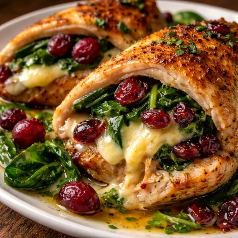 Cranberry and spinach stuffed chicken breast with brie cheese on a plate
