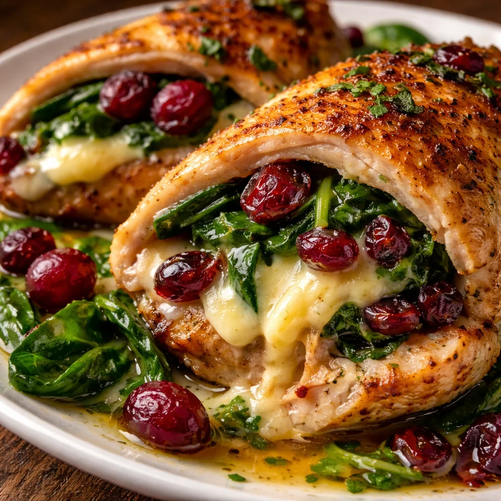 Cranberry and spinach stuffed chicken breast with brie cheese on a plate