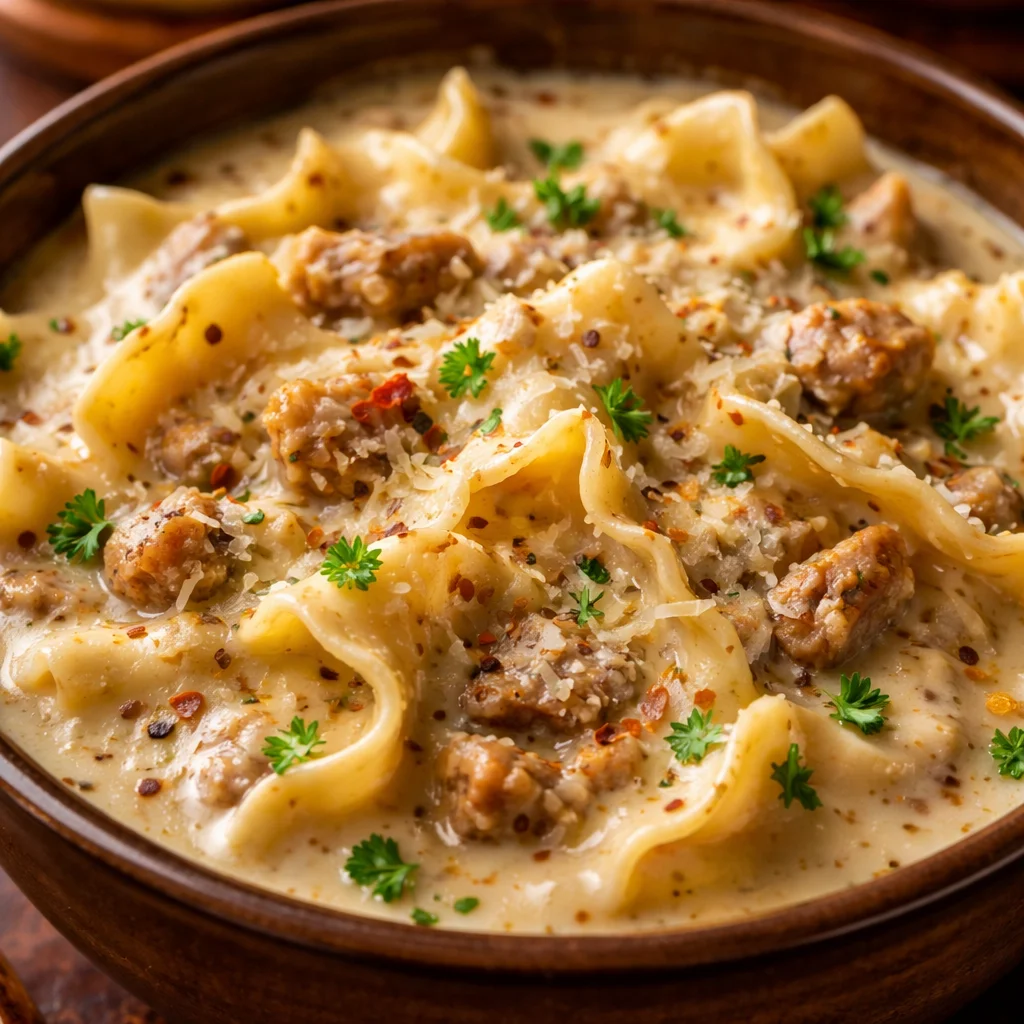 Bowl of creamy Alfredo lasagna soup garnished with herbs and cheese