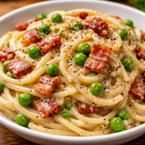 Creamy bacon and pea carbonara dish garnished with parsley