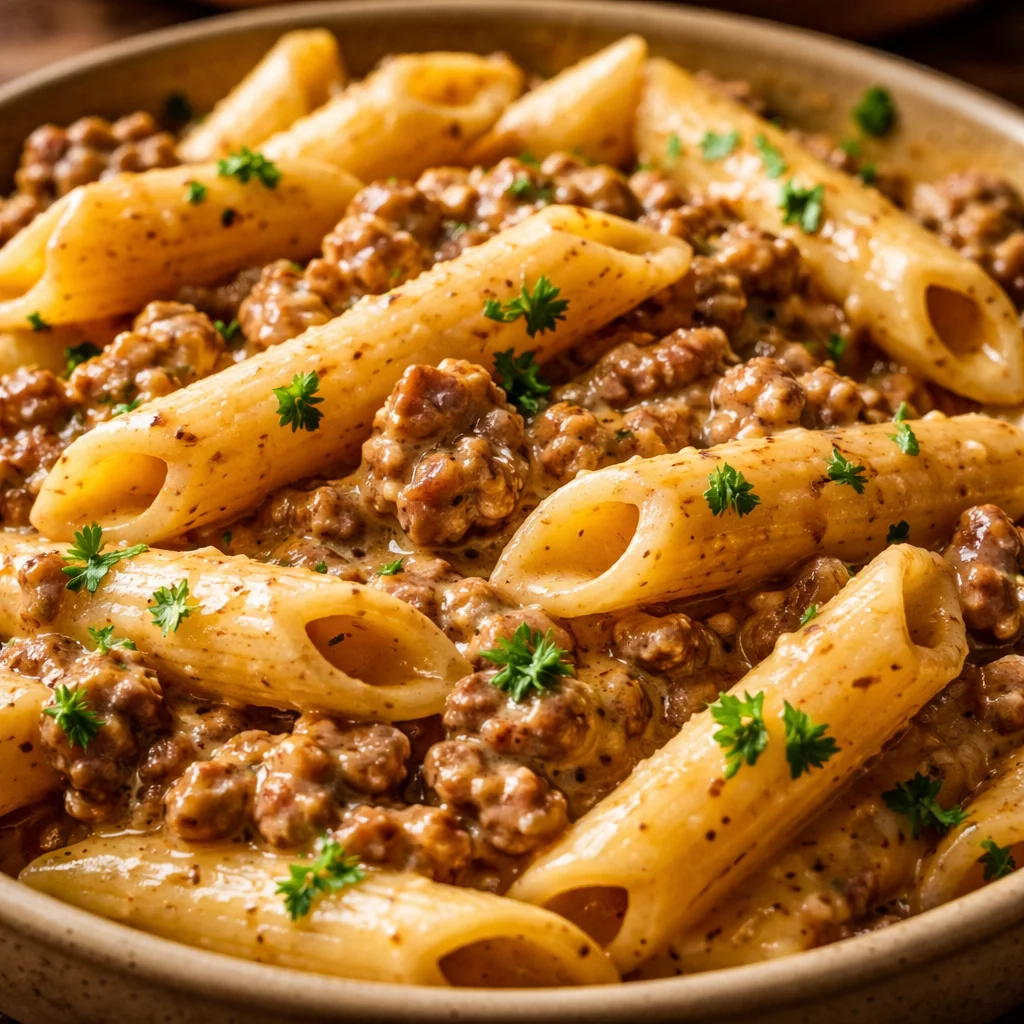 Creamy beef pasta dish with rich sauce and herbs