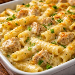 Creamy Chicken Alfredo Ziti casserole served in a white baking dish