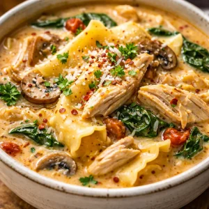 Creamy chicken lasagna soup served in a bowl with herbs and cheese on top