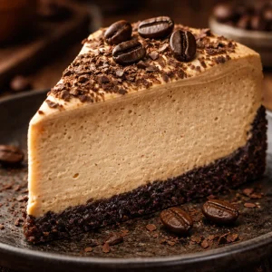 Delicious creamy coffee cheesecake topped with coffee beans and chocolate shavings