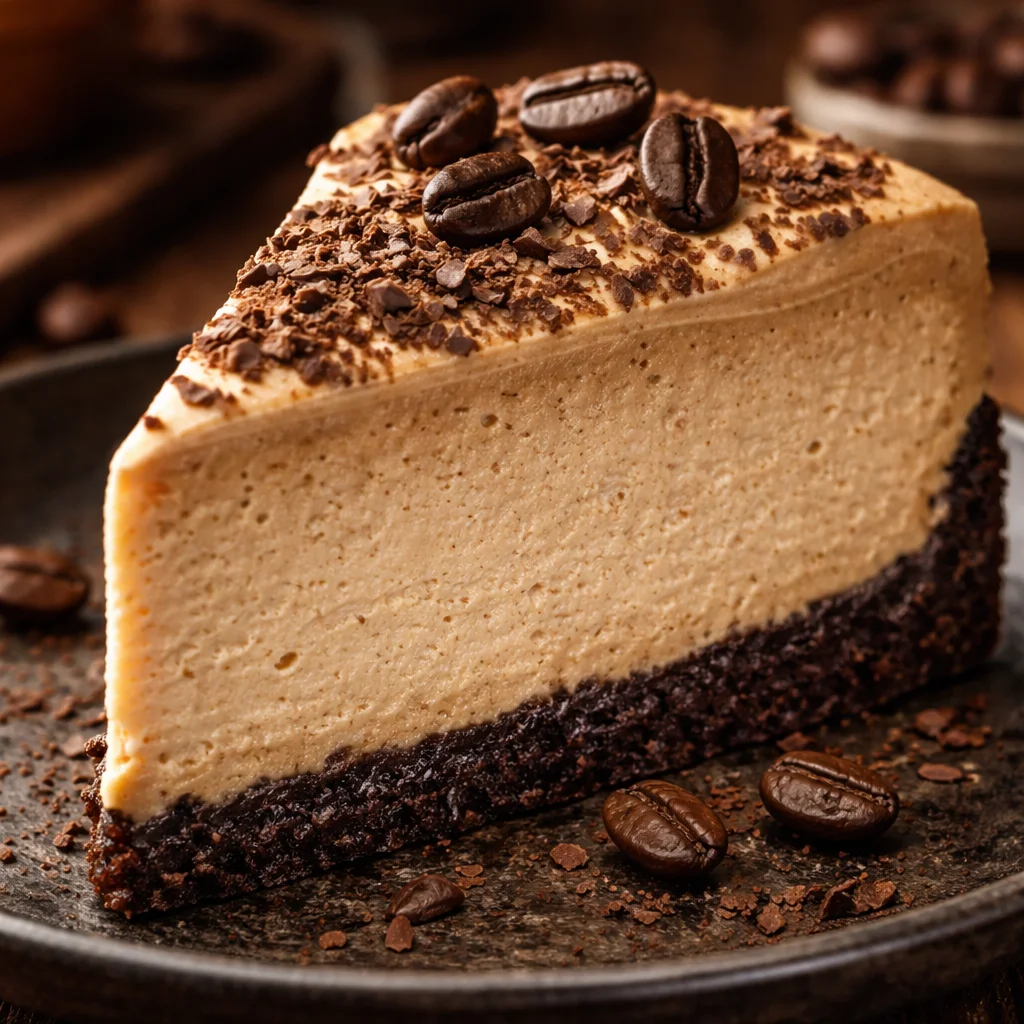 Delicious creamy coffee cheesecake topped with coffee beans and chocolate shavings
