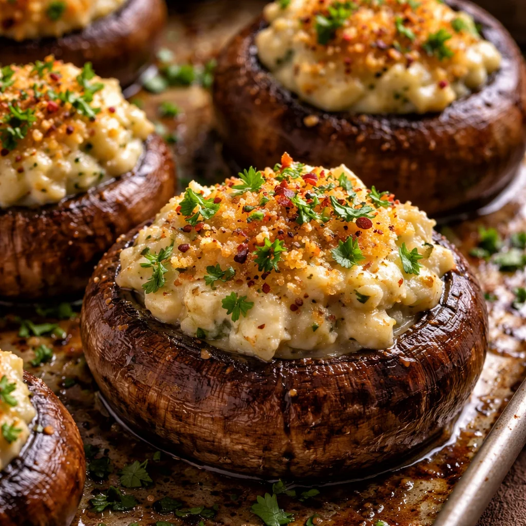 Creamy garlic herb cheese filled roasted mushrooms served on a platter