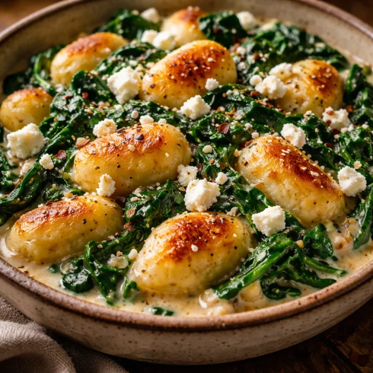 Creamy gnocchi with spinach and feta served in a white bowl
