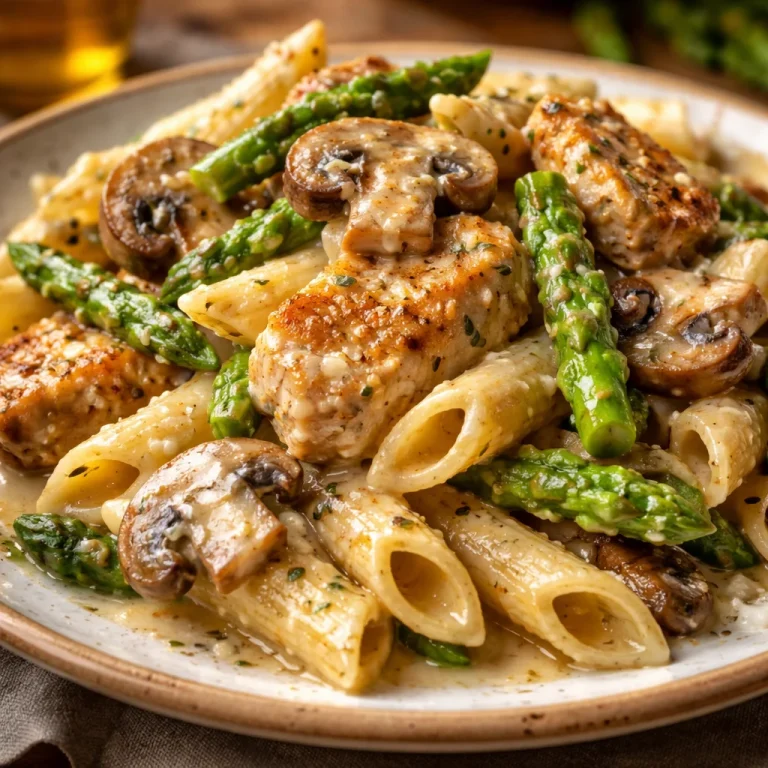 Creamy mushroom asparagus chicken penne pasta dish served in a bowl.