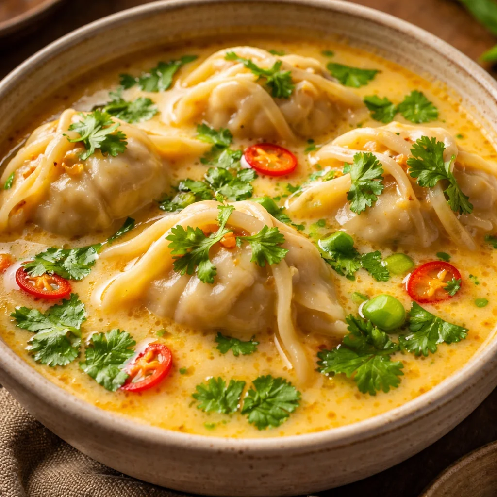 A bowl of creamy Thai dumpling soup garnished with fresh herbs and spices.