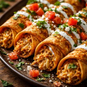 Plate of crispy chicken taquitos with toppings