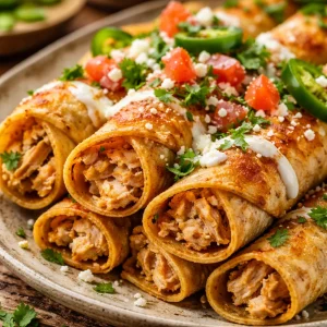 Plate of crispy chicken taquitos served with salsa and lime wedges