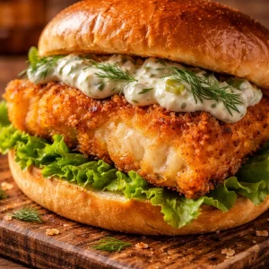 Crispy fried cod sandwich served with lettuce and tartar sauce