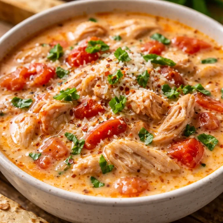 Crock Pot Creamy Chicken Parmesan Soup served in a bowl with garnishes