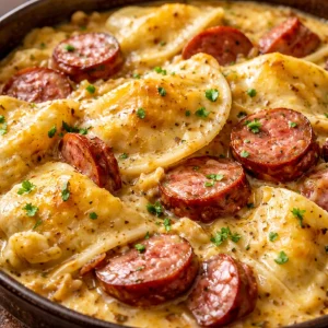 Delicious crock pot pierogi casserole topped with kielbasa and cheese