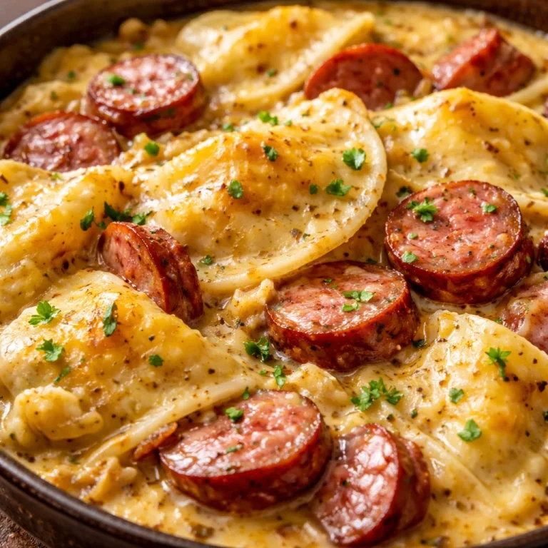 Delicious crock pot pierogi casserole topped with kielbasa and cheese