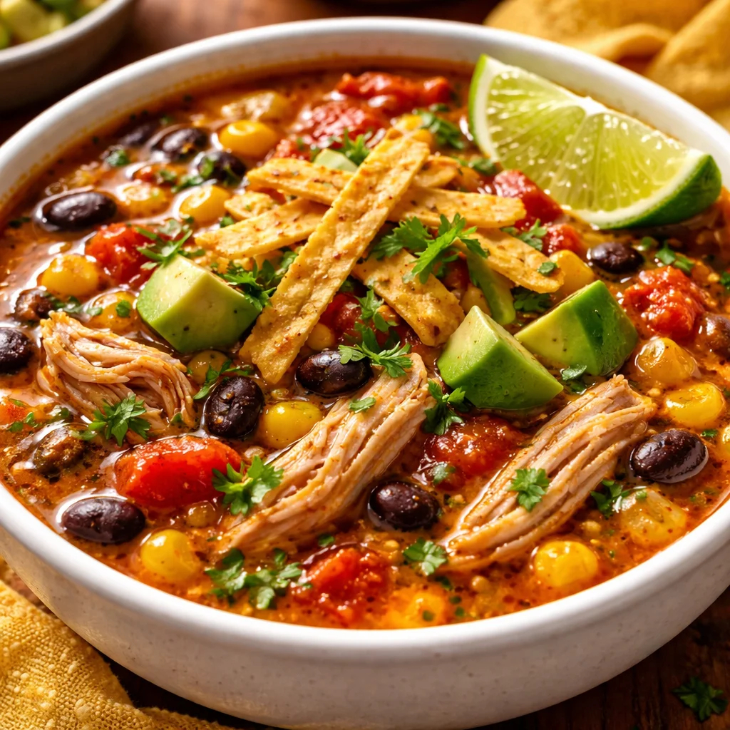 Bowl of delicious Crockpot Chicken Tortilla Soup with toppings