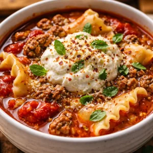 A steaming bowl of Crockpot Lasagna Soup topped with cheese and herbs