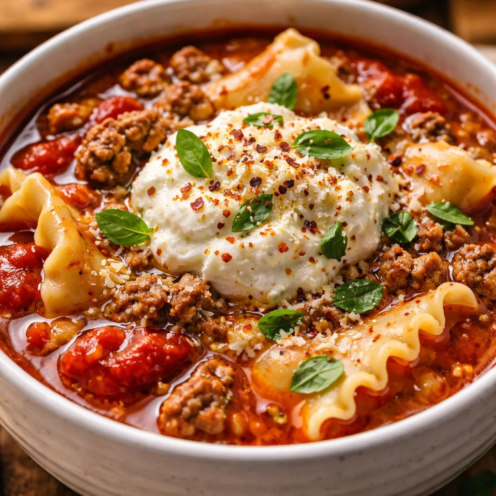 A steaming bowl of Crockpot Lasagna Soup topped with cheese and herbs
