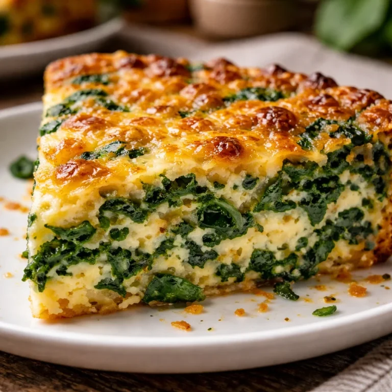 A delicious crustless spinach quiche served on a plate with herbs