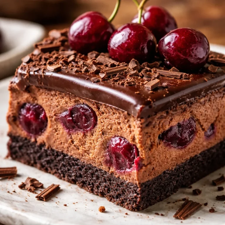 Dark Chocolate Cherry Cheesecake topped with cherries and chocolate drizzle