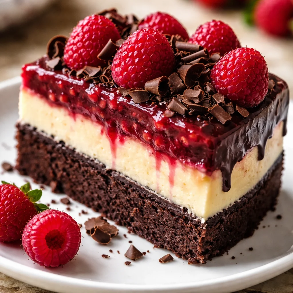 A slice of dark chocolate raspberry cheesecake topped with fresh raspberries.