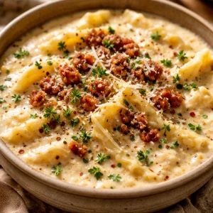 Bowl of decadent creamy Alfredo lasagna soup with melted cheese and herbs