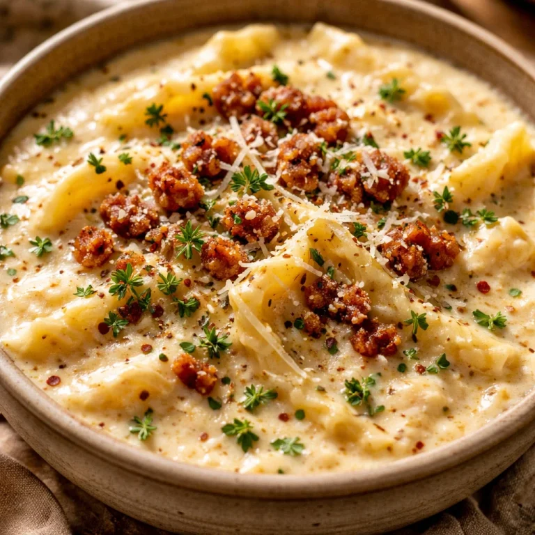 Bowl of decadent creamy Alfredo lasagna soup with melted cheese and herbs