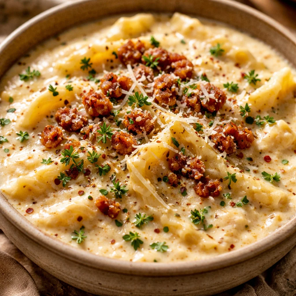 Bowl of decadent creamy Alfredo lasagna soup with melted cheese and herbs