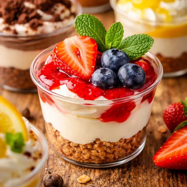 Variety of colorful dessert cups filled with delicious treats and toppings.